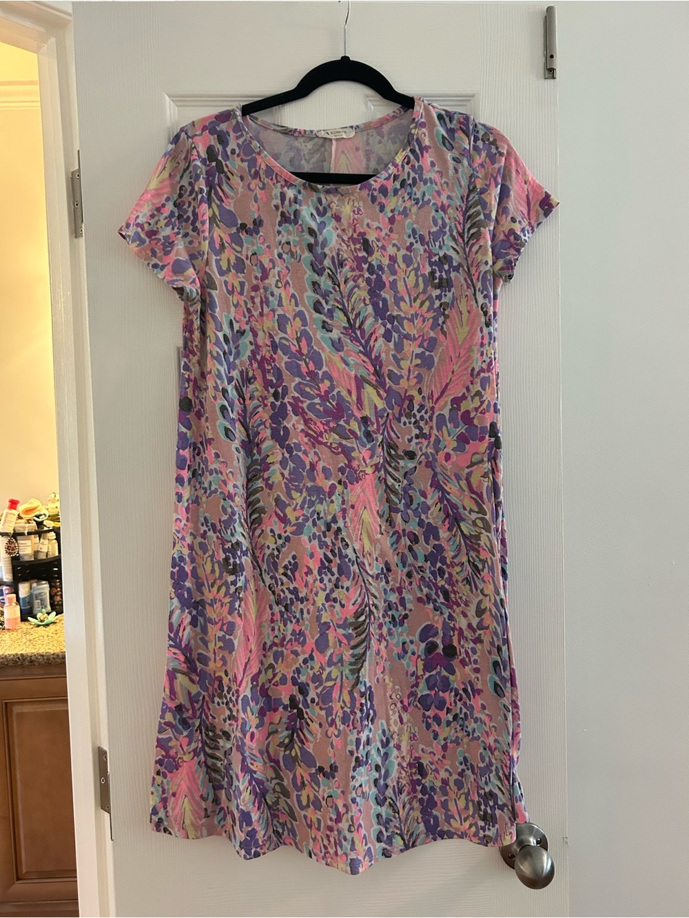 Floral Short-Sleeve Midi Dress in Pink and Purple